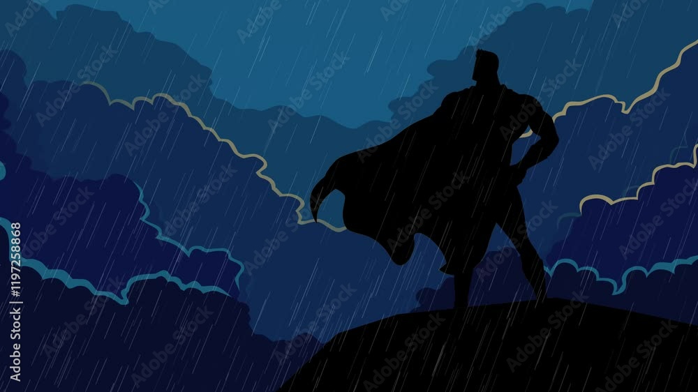Superhero standing tall atop a rock, surrounded by dramatic storm clouds and striking lightning. Perfect for themes of strength, courage, and resilience Superhero standing tall atop a rock, surrounded by dramatic storm clouds and striking lightning. Perfect for themes of strength, courage, and resilience