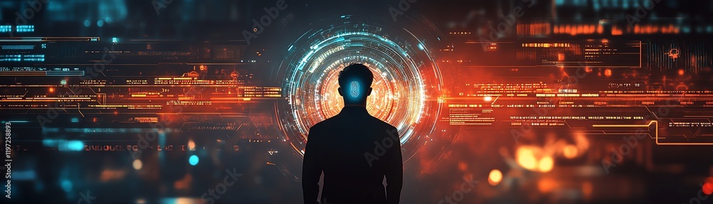 Fototapeta premium Silhouette of a man with a smartphone fingerprint scanner