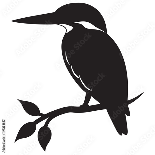Black silhouette illustration of a kingfisher bird animal itting on tree 