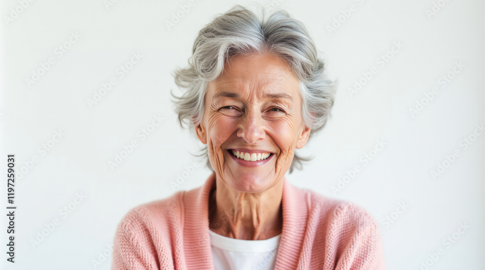 An Expressive Portrait of an Elderly Caucasian Woman with Short, Wavy Grey Hair Wearing a Soft Pink Cardigan An Expressive Portrait of an Elderly Caucasian Woman with Short, Wavy Grey Hair Wearing a Soft Pink Cardigan