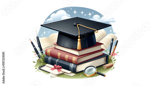 Graduation Cap on Books with Academic Tools - Symbolizing Knowledge, Achievement, and the Joy of Learning, isolated on transparent background.