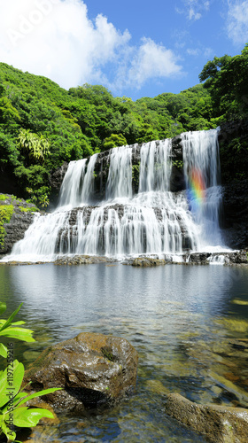 massive waterfall cascading into tropical canyon, surrounded by lush greenery and vibrant rainbow reflecting in water, creates serene and picturesque scene