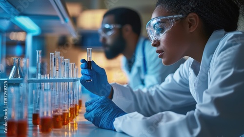 A female scientist of African descent in a laboratory carefully examines a test tube while a male colleague works nearby. Focus on chemistry and discovery. photo