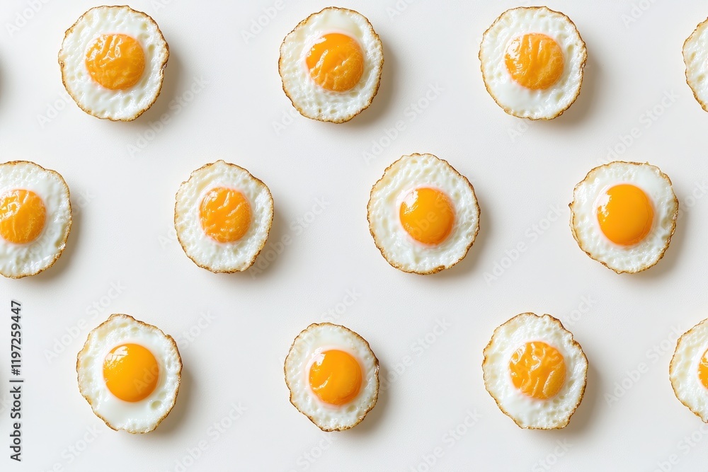 A minimalist arrangement of fried eggs with vibrant yolks, artistically displayed on a neutral background. A minimalist arrangement of fried eggs with vibrant yolks, artistically displayed on a neutral background.