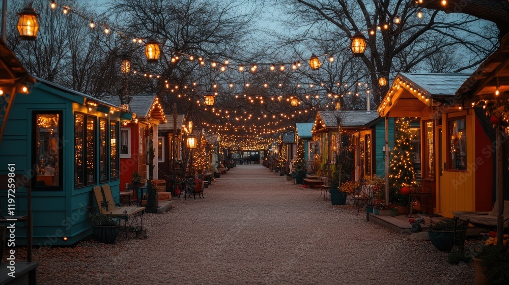Fototapeta premium Festive Tiny Houses Line A Twinkling Night Street