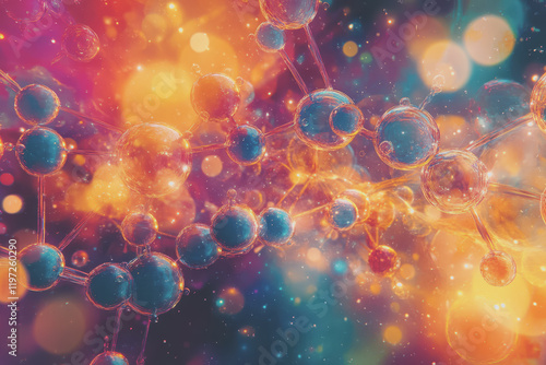 Abstract image of a cortisol molecule. This scene is colorful with molecular structures.