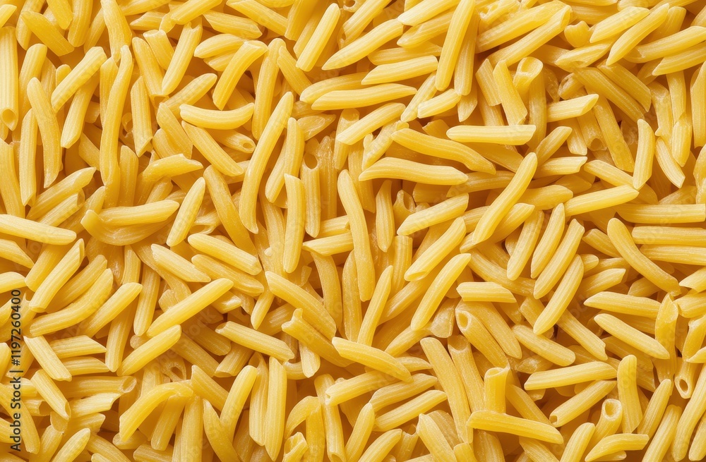 A close-up view of uncooked pasta, showcasing its elongated, yellow shape, perfect for a variety of Italian dishes. A close-up view of uncooked pasta, showcasing its elongated, yellow shape, perfect for a variety of Italian dishes.