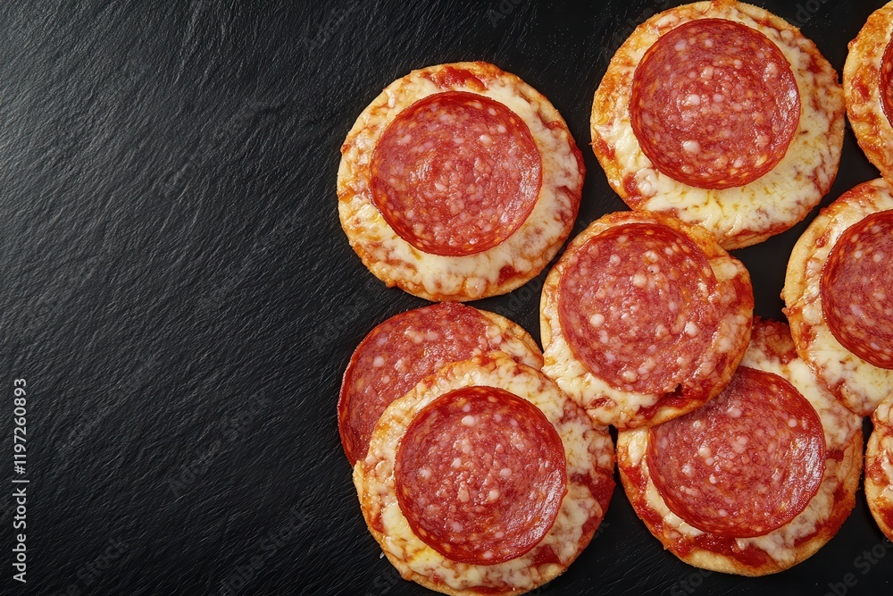 Obraz premium A collection of mini pepperoni pizzas arranged on a dark surface, showcasing their crispy crust and savory toppings.