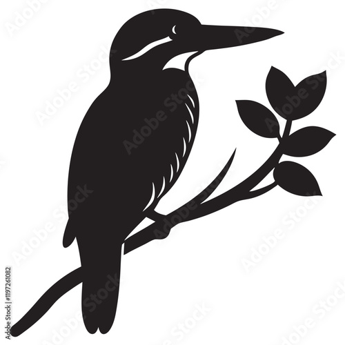 Black silhouette illustration of a kingfisher bird animal itting on tree