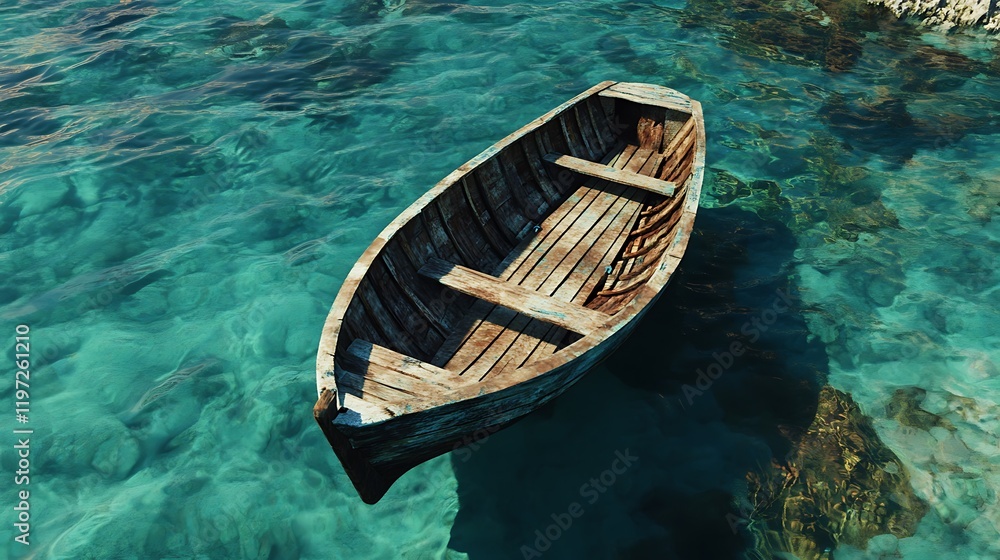 A solitary timber board boat in the heart on the sea A solitary timber board boat in the heart on the sea