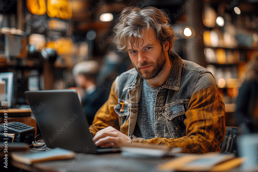 Focused Man Working on Laptop in Cafe
Focused Man Working on Laptop in Cafe