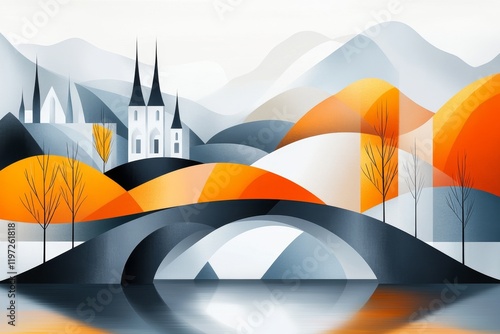 A geometric design of the Vltava River path through Prague, with simplified bridges and landmarks highlighted in subtle tones