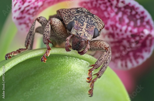 Weevil on Orchid Leaf with Dark Brown and Gray Patterns photo