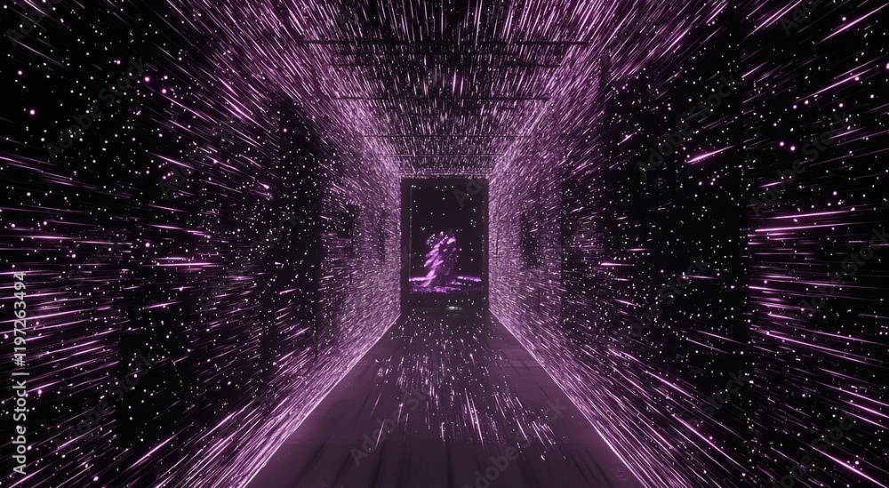 Fototapeta premium Purple light streaks converge on figure in corridor, digital art for backgrounds