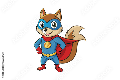 A squirrel wearing a superhero cape, striking a heroic pose wearing a batman mask vector art illustration.eps