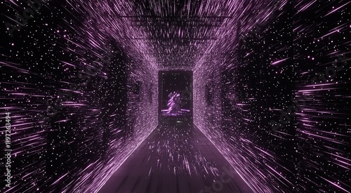 Fototapeta Naklejka Na Ścianę i Meble -  Purple light streaks converge on figure in corridor, digital art for backgrounds