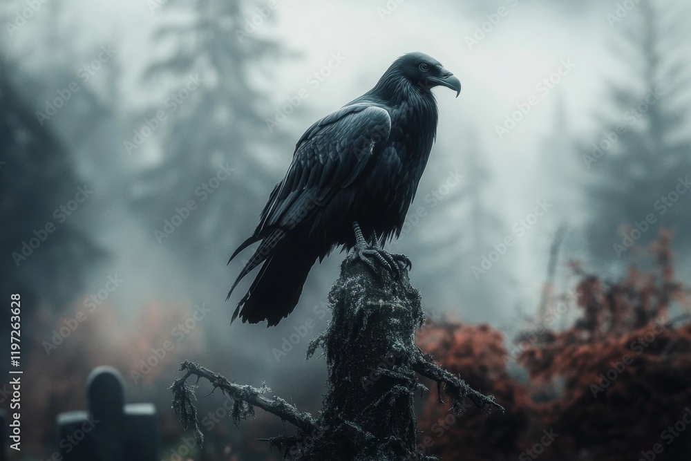 Fototapeta premium A gothic depiction of a vulture perched on a dead tree in a misty graveyard, with dark shadows and eerie lighting creating a haunting atmosphere