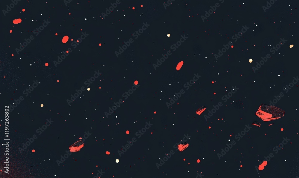 Red asteroids and cosmic dust drift in dark space, ideal for sci-fi backgrounds Red asteroids and cosmic dust drift in dark space, ideal for sci-fi backgrounds