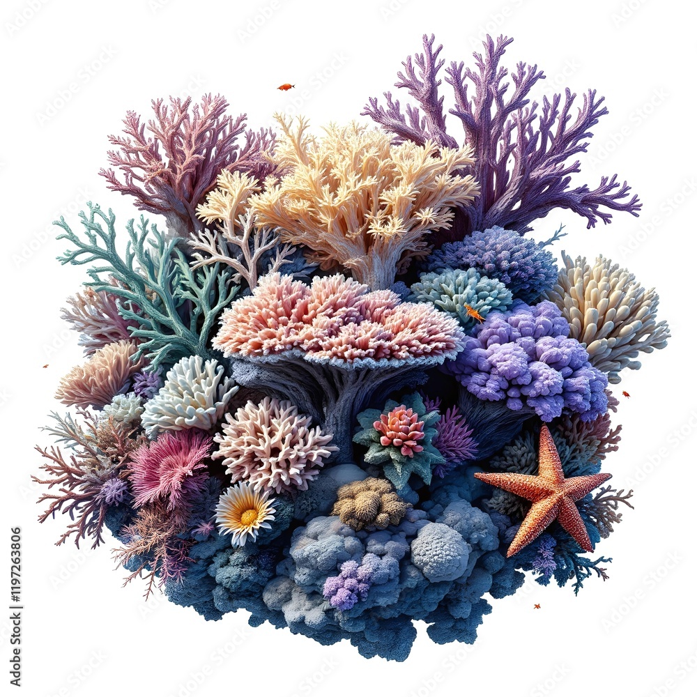 Vibrant Coral Reef Ecosystem with Fish and Starfish Vibrant Coral Reef Ecosystem with Fish and Starfish