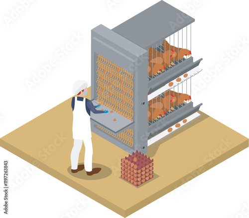A Man Collecting eggs in the laying hen cage Vector Isometric Illustration