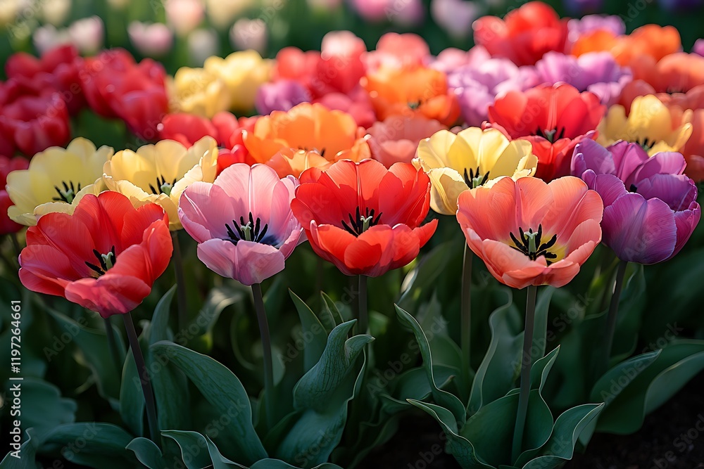 A vibrant bed of colorful tulips in full bloom. A vibrant bed of colorful tulips in full bloom.