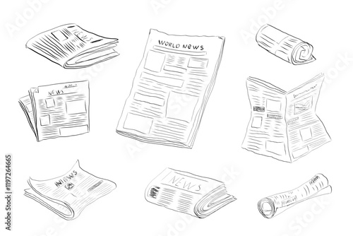Fresh newspaper hand drawn doodle, latest news, contour drawing, latest publishing. Sketchy news paper stack, local or world news.