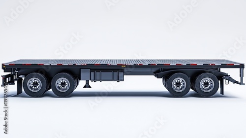 Empty flatbed semi-truck trailer on white background, industrial transport, 3D rendering, commercial use