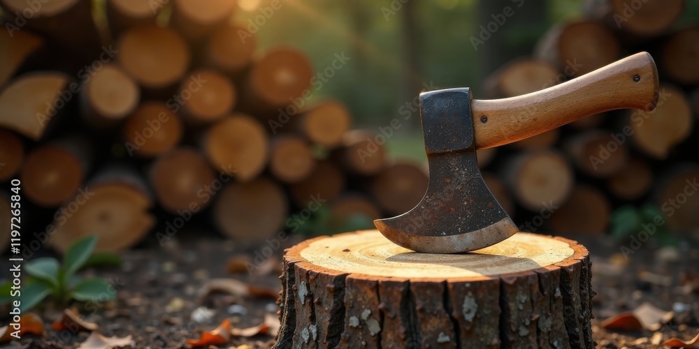Rustic hatchet resting on a tree stump amidst a pile of cut logs bathed in the warm glow of sunset light Rustic hatchet resting on a tree stump amidst a pile of cut logs bathed in the warm glow of sunset light