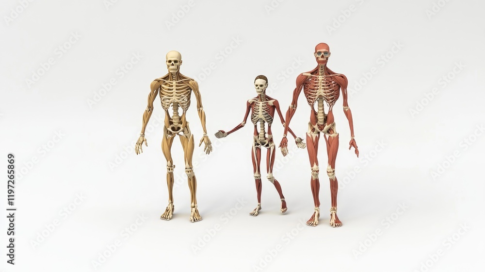Three anatomical figures, skeletal, muscular, and combined, walking together in a white studio Three anatomical figures, skeletal, muscular, and combined, walking together in a white studio