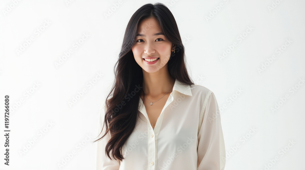 A Portrait of a Young Southeast Asian Woman with Long Flowing Dark Hair, Radiating Grace and Elegance A Portrait of a Young Southeast Asian Woman with Long Flowing Dark Hair, Radiating Grace and Elegance