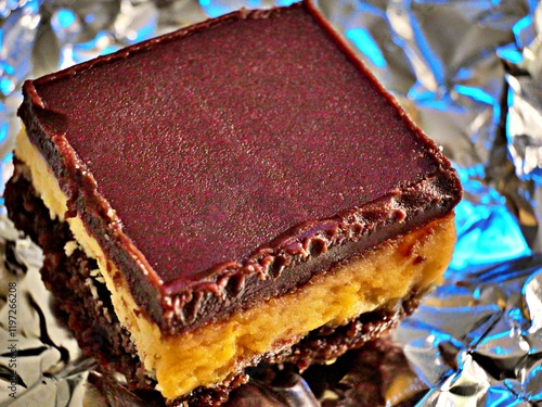 Home made Nanaimo bar on piece aluminum foil photo