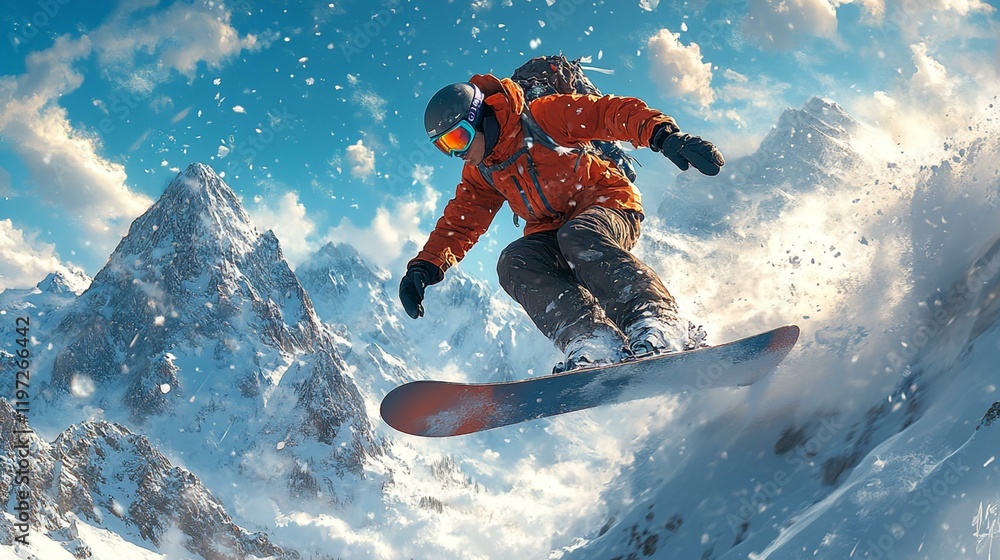 A snowboarder performing a trick mid-air, with a backdrop of snow-covered peaks and an exhilarating winter atmosphere. 408 A snowboarder performing a trick mid-air, with a backdrop of snow-covered peaks and an exhilarating winter atmosphere. 408