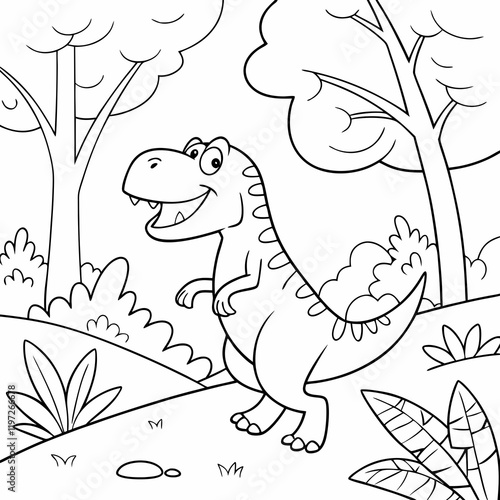 A happy T-Rex playing in a prehistoric jungle, coloring page for children, outline, education, line, outline, art, sketch