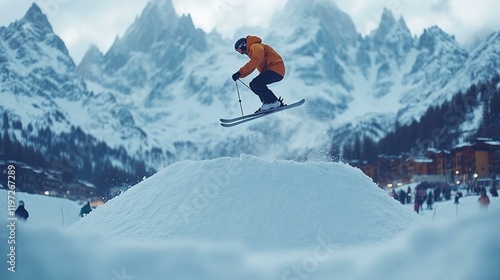 A freestyle skier jumping off a snow mound, performing a trick mid-air with a beautiful mountain range in the background. 453 photo