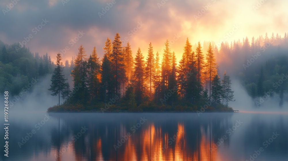 Sunrise over misty lake with silhouetted island of pine trees. Sunrise over misty lake with silhouetted island of pine trees.