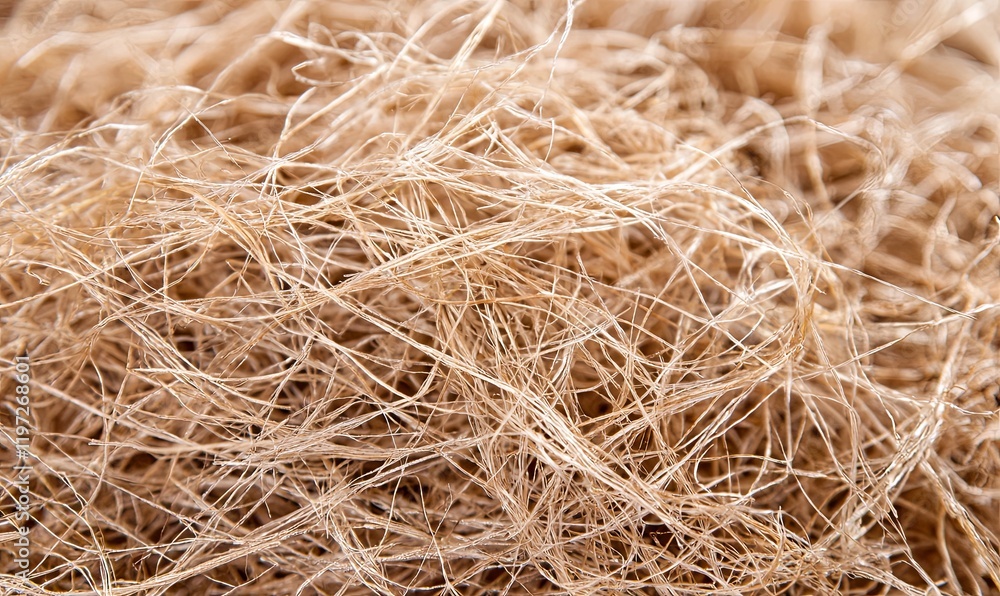 Close-up of natural raffia fibers, ideal for packaging or crafting backgrounds Close-up of natural raffia fibers, ideal for packaging or crafting backgrounds