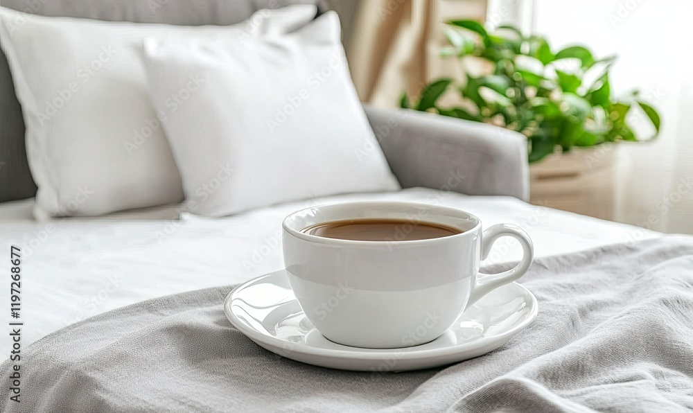 Coffee cup on bed with sofa, pillows, and plant in background, ideal for relaxation themes Coffee cup on bed with sofa, pillows, and plant in background, ideal for relaxation themes