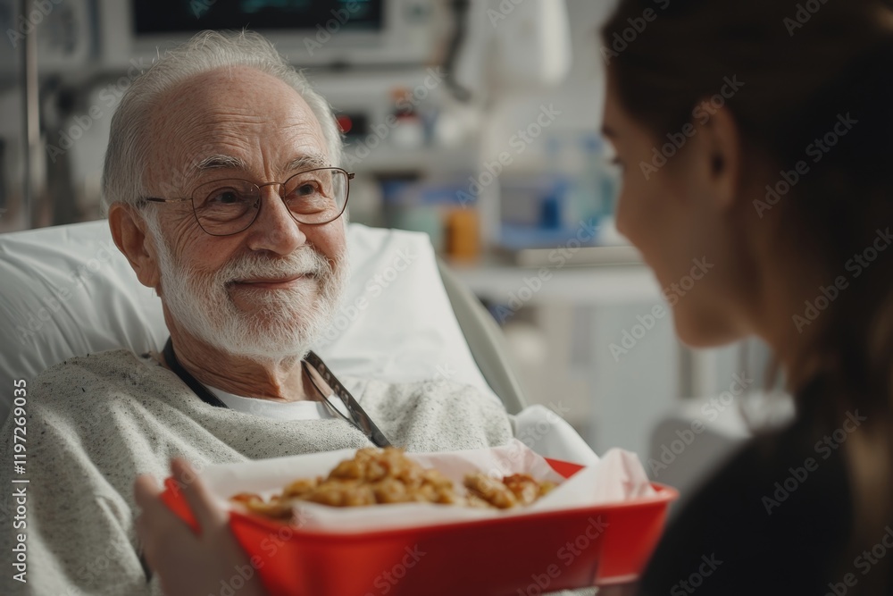 Happy senior patient talks to nurse who is bringing him food during his recovery in hospital. Generative AI Happy senior patient talks to nurse who is bringing him food during his recovery in hospital. Generative AI