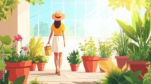 Woman in Sun Hat Walking Through Greenhouse of Plants photo