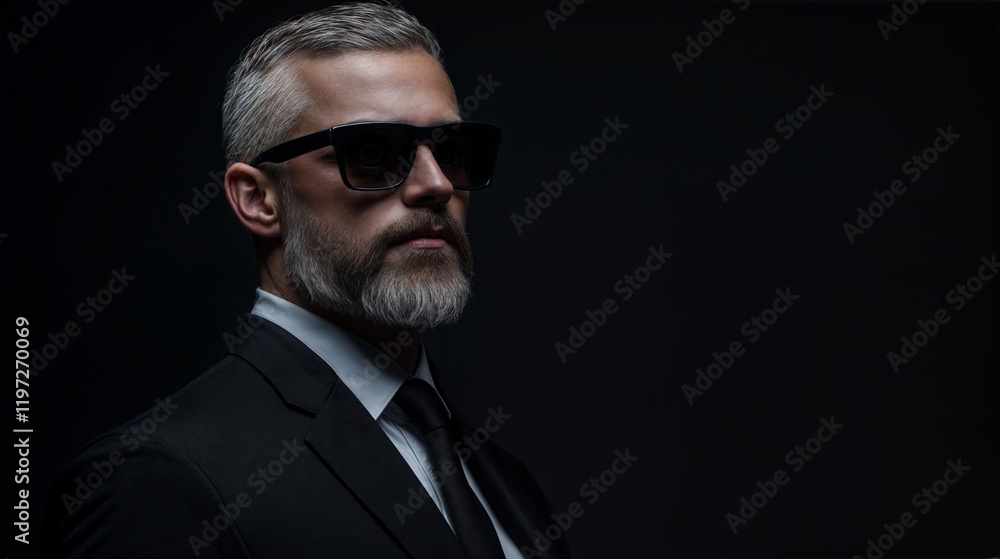 Serious businessman wearing sunglasses and suit posing in studio Serious businessman wearing sunglasses and suit posing in studio