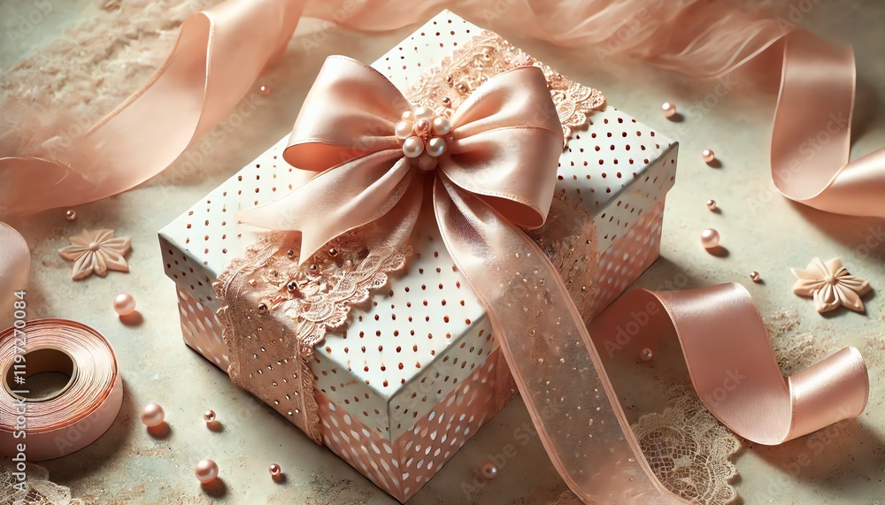 A beautifully wrapped rectangular gift box in soft pastel tones, featuring a large, elegant bow with long ribbon tails A beautifully wrapped rectangular gift box in soft pastel tones, featuring a large, elegant bow with long ribbon tails