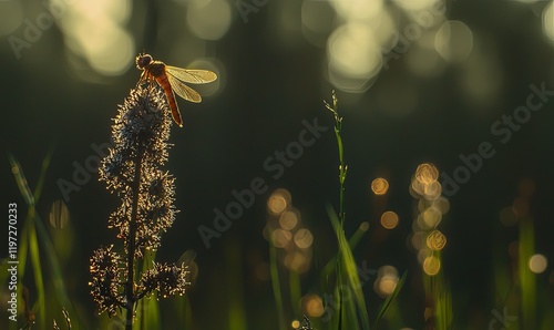 Dragonfly on wildflower at sunset in a meadow with bokeh background