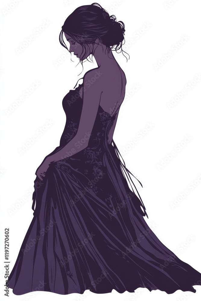 A simple line drawing of the silhouette of an elegant woman in an evening dress, vector illustration, white background A simple line drawing of the silhouette of an elegant woman in an evening dress, vector illustration, white background