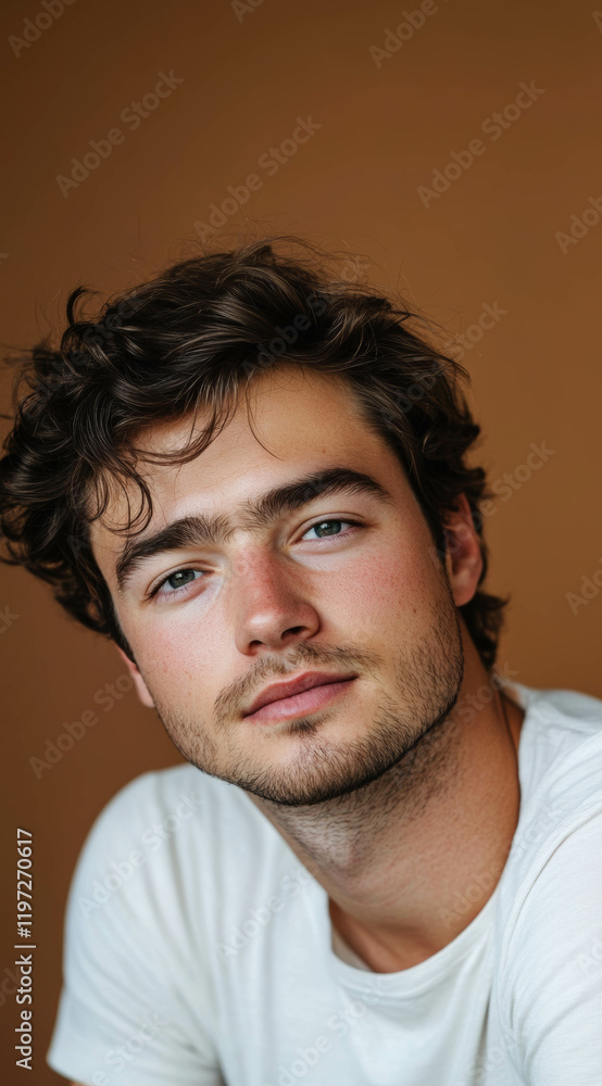 Fototapeta premium A portrait of an attractive young man wearing a white t-shirt, looking at the camera with soft lighting and warm tones, he has dark brown hair styled in waves
