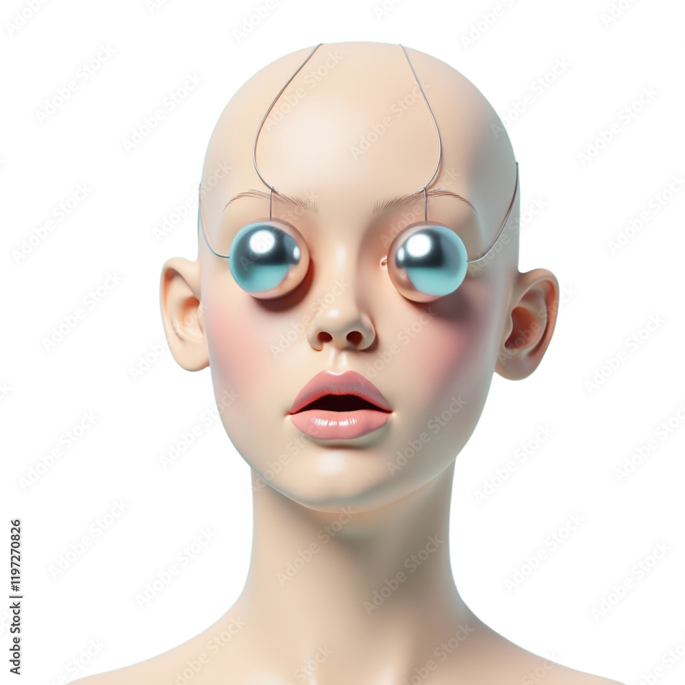 bald mannequin with metallic spheres covering its eyes against a teal backdrop bald mannequin with metallic spheres covering its eyes against a teal backdrop