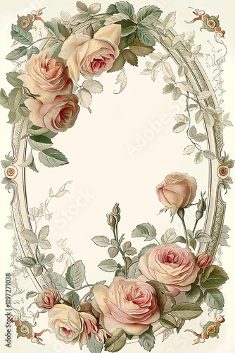 Elegant oval frame decorated with pink roses and green leaves