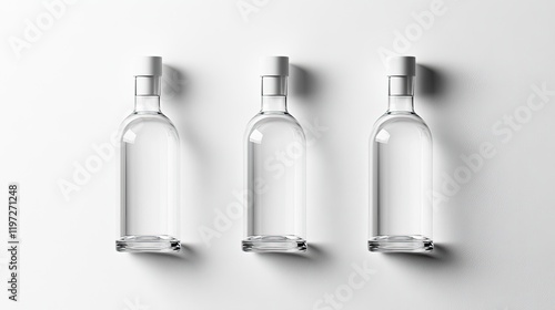 Three empty glass bottles on white background; studio shot; product mockup; packaging design