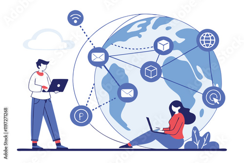 Global connectivity, social media icons, diverse communication channels, miniature people interacting with technology, oversized world globe, digital marketing concepts, colorful flat design, visualiz