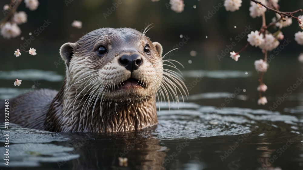 A curious otter swimming in a serene pond surrounded by cherry blossoms. A curious otter swimming in a serene pond surrounded by cherry blossoms.