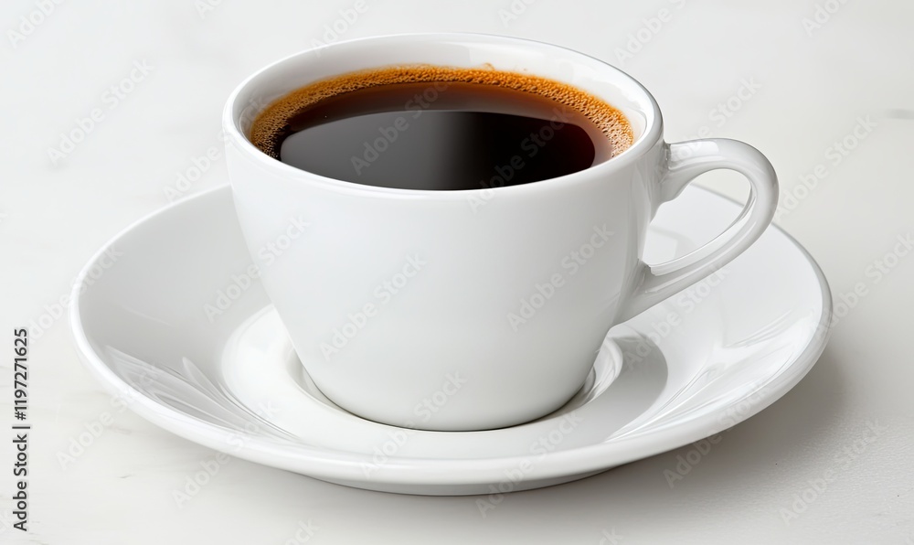 Freshly brewed black coffee in a white cup on a marble table, ready for a morning boost Freshly brewed black coffee in a white cup on a marble table, ready for a morning boost